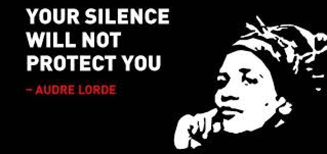 Your silence will not protect you. - Audre Lorde Text is white and all capitals with a black background. A silhouette of Lloyd in a headwrap resting her face on one hand is to the right of the text. Lorde's name is below the text in red.